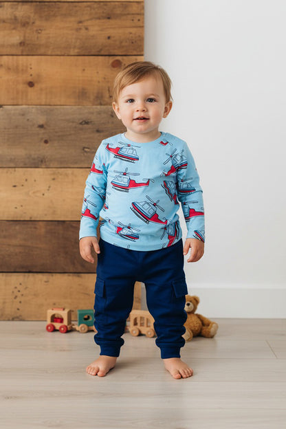 Blue helicopter printed long sleeve top & blue pant 2pc boy sets 250942M