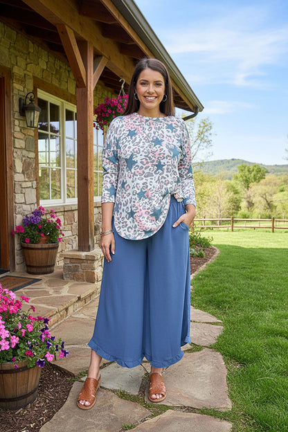 Blue/pink leopard & start printed 3/4 sleeve top BQ10670