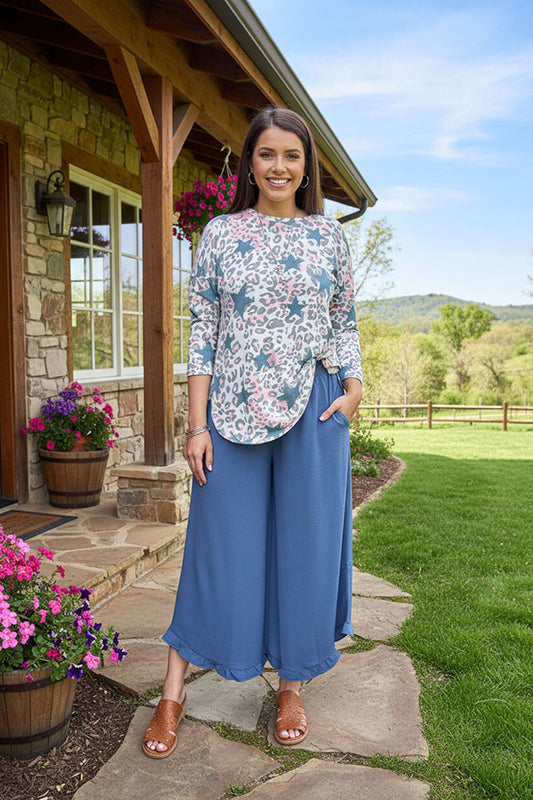 Blue/pink leopard & start printed 3/4 sleeve top BQ10670