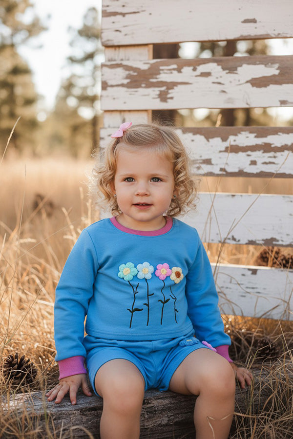 Flower embroidery blue short style pullover sweatshirt & short 2pc girls sets DLH2816