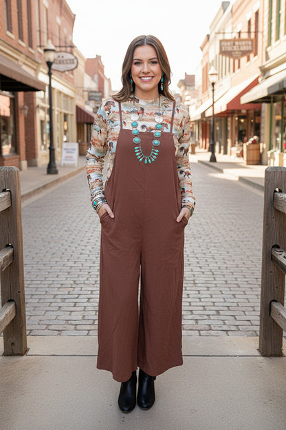 One piece cotton adjustable wide leg brown women jumpsuit XCH16818