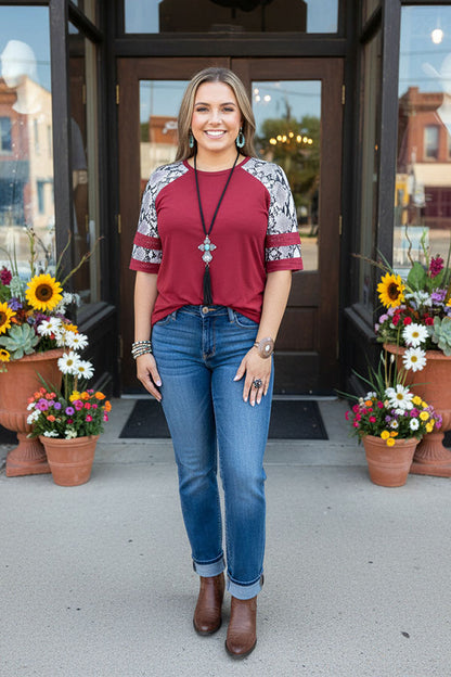 Rust red & snake printed raglan short sleeve women tops GJQ15602