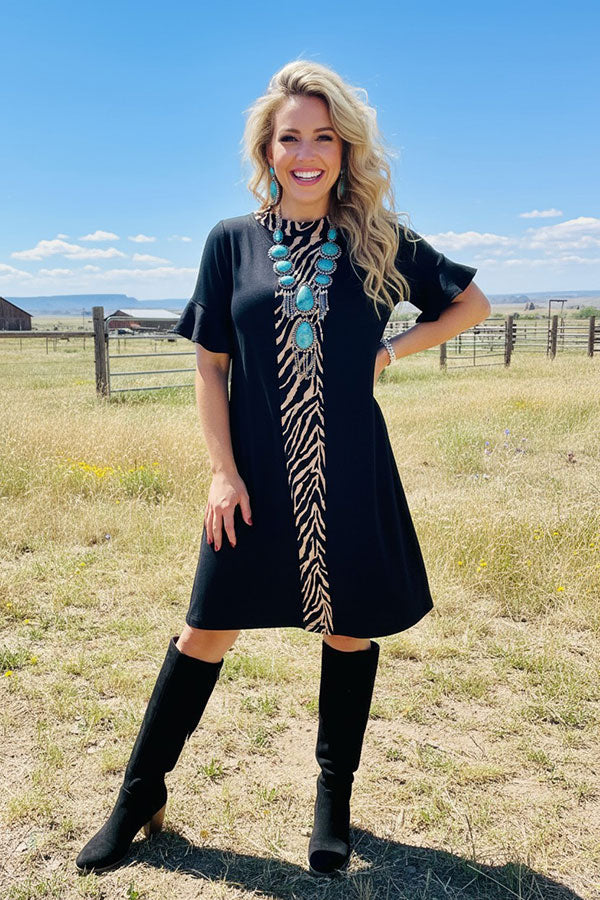 Zebra printed & black short sleeve women dress w/side pockets BQ15943
