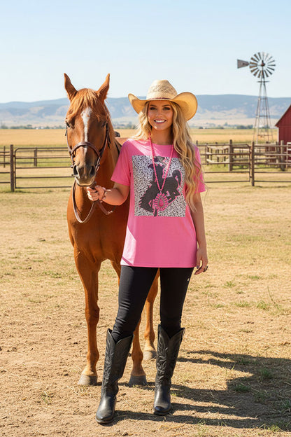 Western PINK TOP W/ BRONC RIDER GRAPHIC Women T-shirt XCH14127