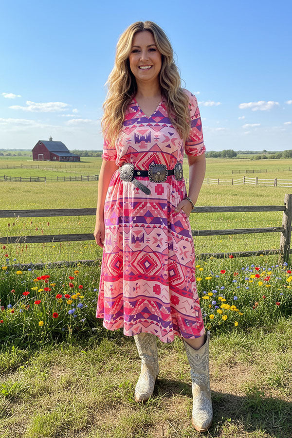 Women's clothes suppliers Aztec printed short sleeve dress w/side pockets GJQ15744