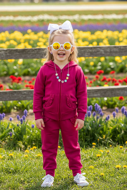 DLH2852 Hot pink knit hoodie top & pant 2pc girls outfit sets