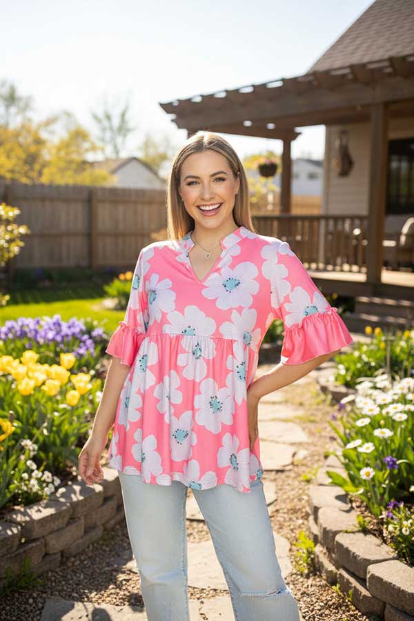 Women clothing suppliers Pink floral printed ruffle loose blouse GJQ16137