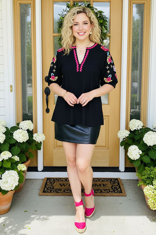 Fuchsia trim & floral embroidery gauze black women top XCH16344