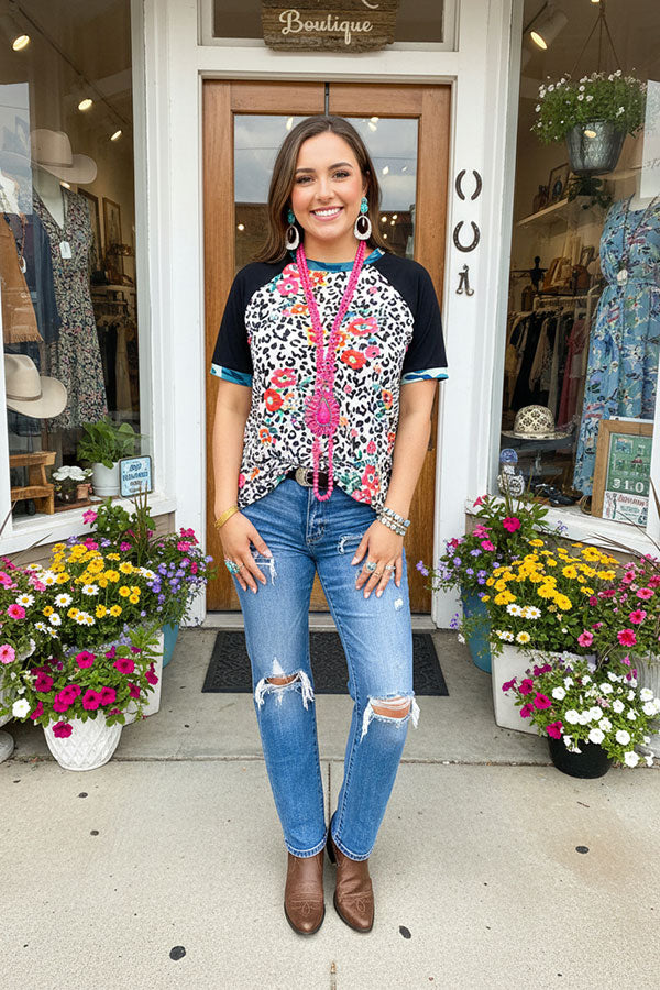 BQ13549S Leopard & flower printed raglan short sleeve t-shirt