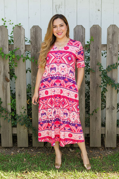 Women's clothes suppliers Aztec printed short sleeve dress w/side pockets GJQ15744