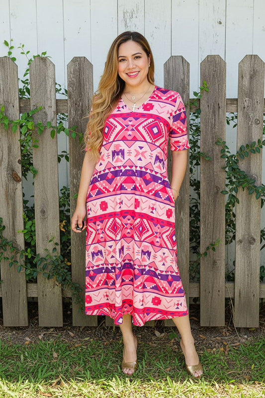 Women's clothes suppliers Aztec printed short sleeve dress w/side pockets GJQ15744