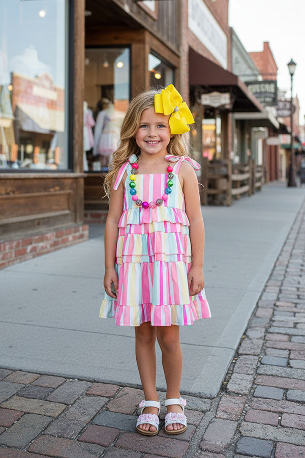 Mint & Pink & Yellow serape printed spaghetti girls dress X03009