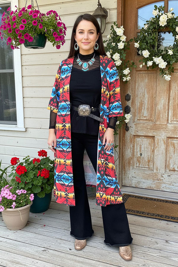 GJQ11895 Multi color Aztec printed 3/4 sleeve women cardigan