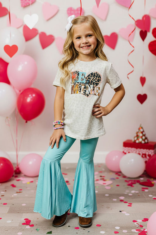 “BE MINE” Leopard printed hearts top &turquoise pant 2pc girls sets DLH2748
