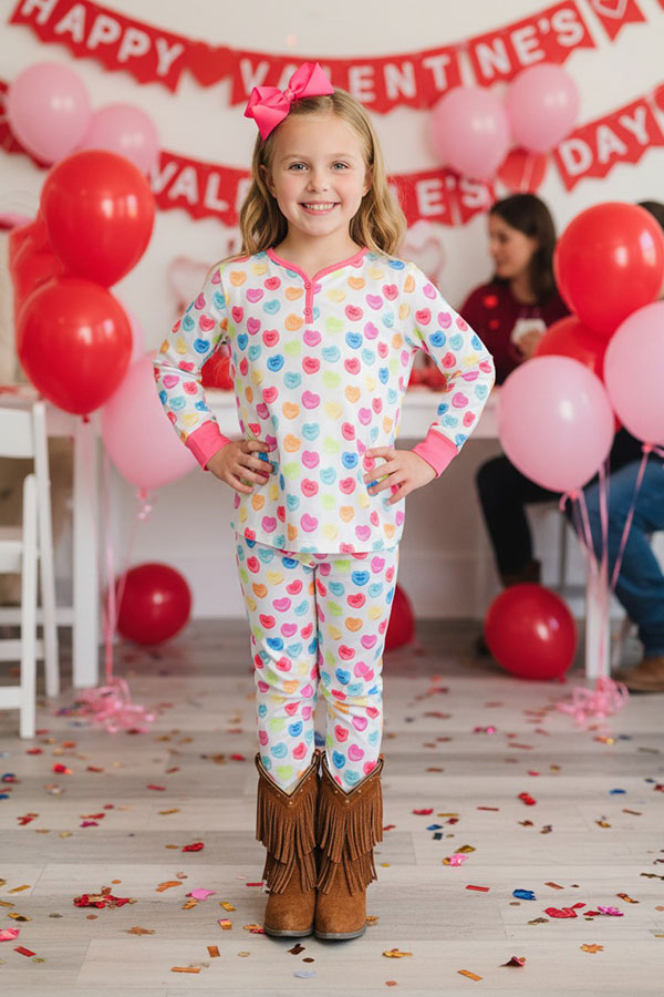 XCH04013 Valentine LOVE ME hearts printed 2pc girls pajamas sets