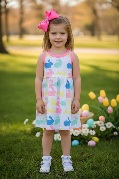XCH03007 Easter bunny printed pink trim sleeveless girls dress