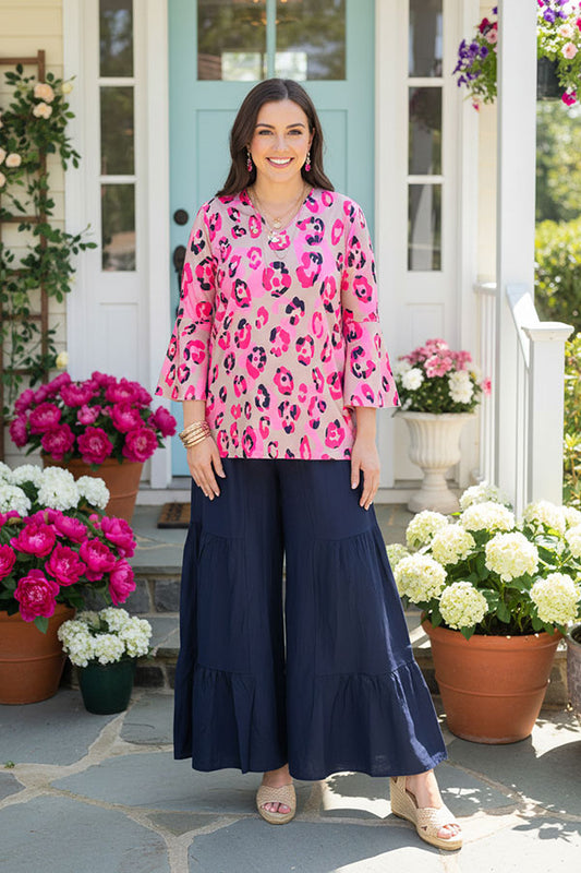 GJQ15750 Pink/fuchsia Leopard multi color printed 3/4 bell sleeve women tops