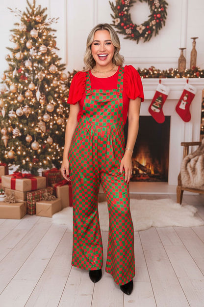 Red & Green checkered one piece casual women jumpsuit XCH16764