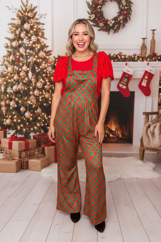 Red & Green checkered one piece casual women jumpsuit XCH16764