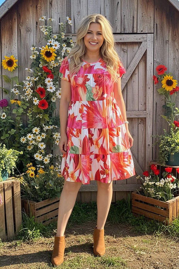 Floral printed ruffle hem cap short sleeve women dress GJQ16442