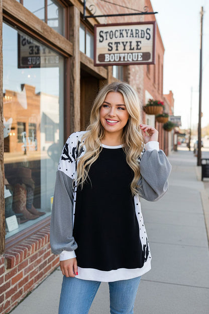 Cactus & dots & fleece grey raglan long sleeves black women blouse BQ15021