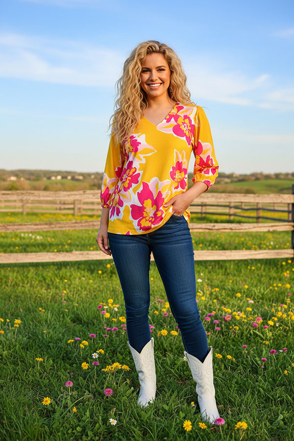 Shop Women's blouse Yellow floral printed 3/4 sleeves w/v-neckline GJQ16227