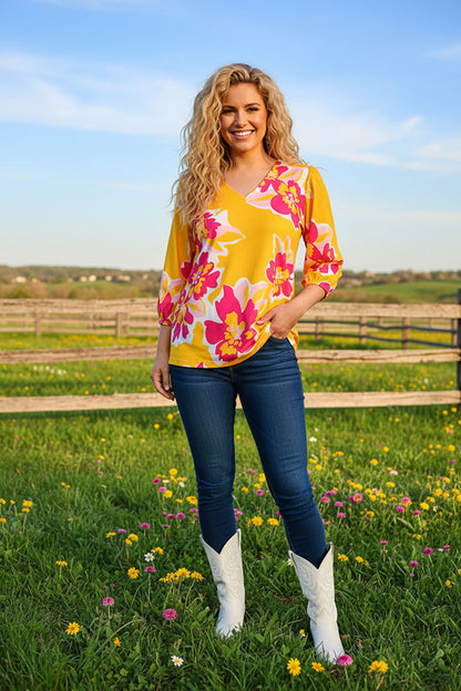 Shop Women's blouse Yellow floral printed 3/4 sleeves w/v-neckline GJQ16227