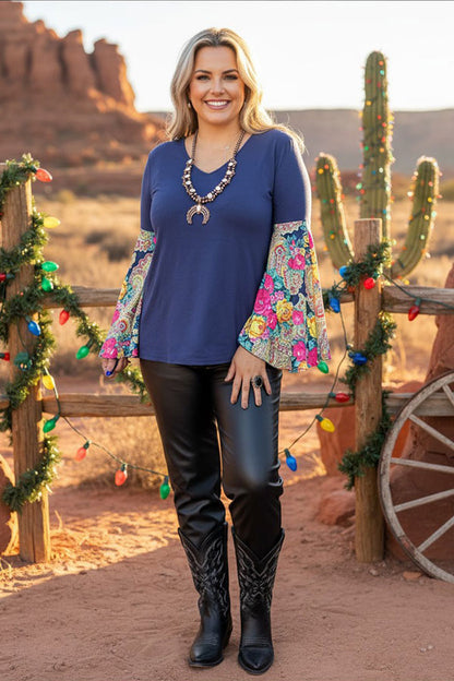 GJQ12917 Blue blouse w/floral printed bell sleeves