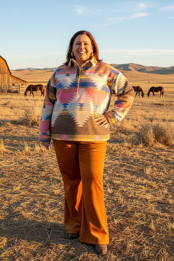 Plus western aztec long sleeve women jacket w/buttons XCH15477