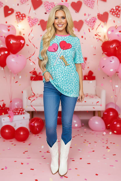 Mint leopard & red hearts printed short sleeve women top XCH14650