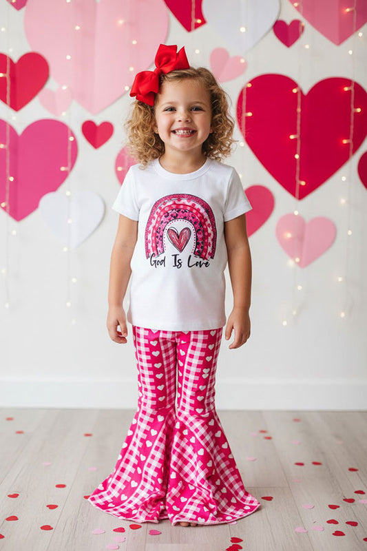 "God is Love" & heart print top & hearts printed pant 2pcs girls sets D2736