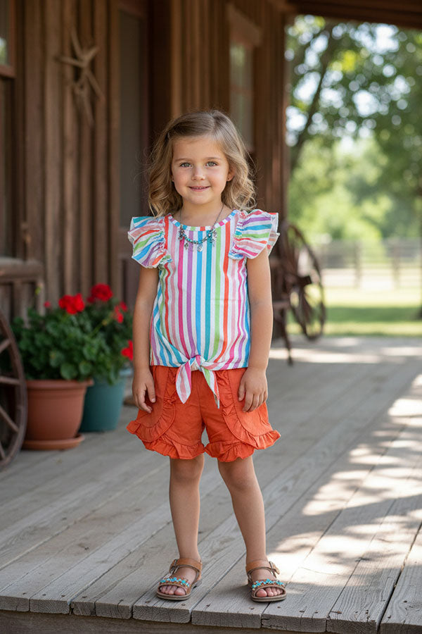 Serape printed flutter sleeves top & orange shorts 2pc girls sets XCH04014