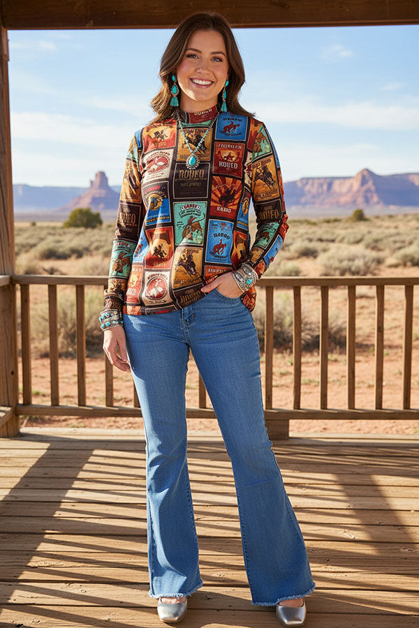 Western patterns sheer long sleeve top boutique clothing suppliers XCH16961