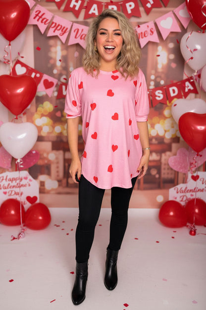 Red hearts printed pink short sleeve women top DLH14693