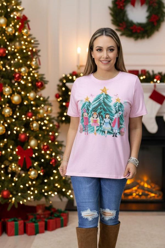 XCH15752 Dancing girls w/stars&trees printed baby pink short sleeve women tops