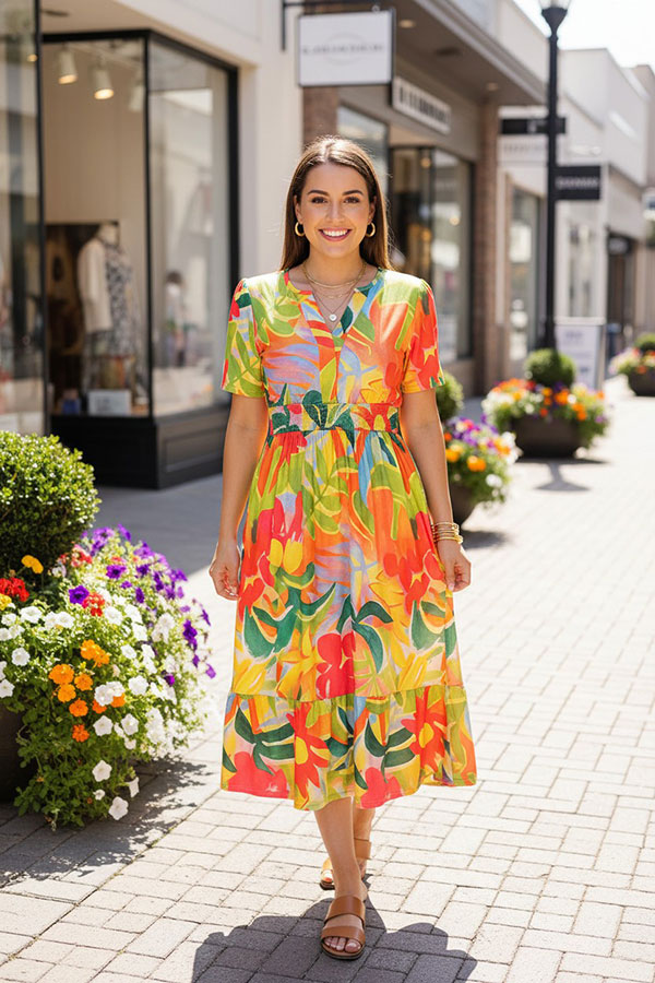Chic tropical printed short sleeve boutique women's dress Southern Stitch BQ16260