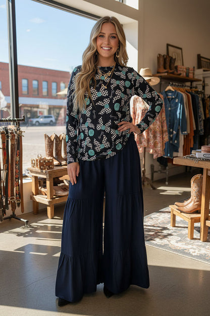 Navy blue cotton striaght wide leg flared women pant XCH16746