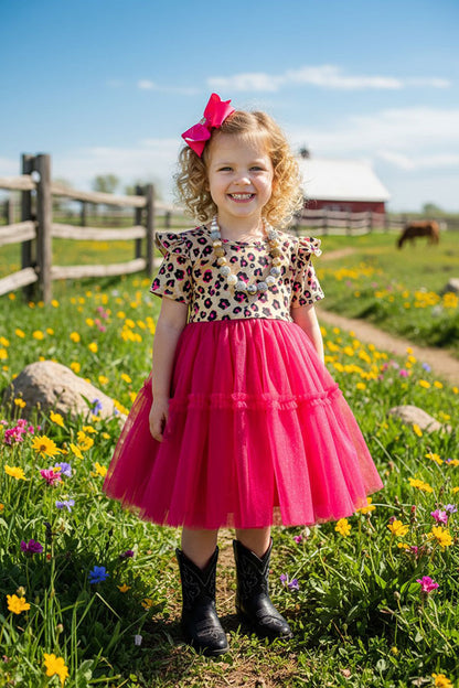 Leopard & tulle swirl girls dress w/tie belt XCH0017-17H