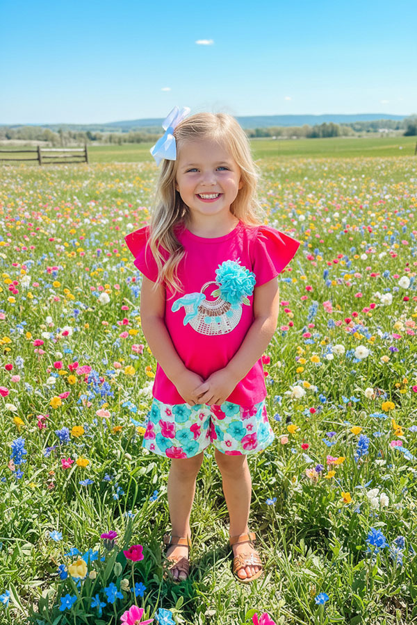 childrens clothing sets wholesale Fuchsia top & floral prints shorts 2pcs girls sets DLH2873