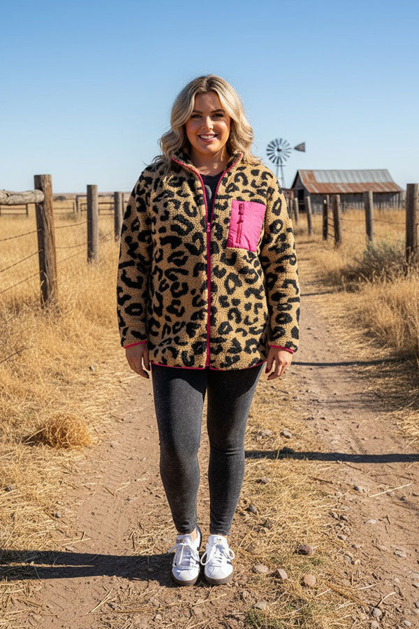 Plus size coat leopard sherpa long sleeve women jackets w/full zipper BQ15489