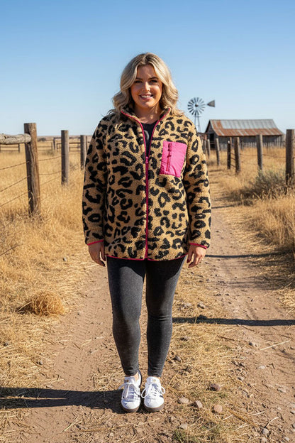 Plus size coat leopard sherpa long sleeve women jackets w/full zipper BQ15489