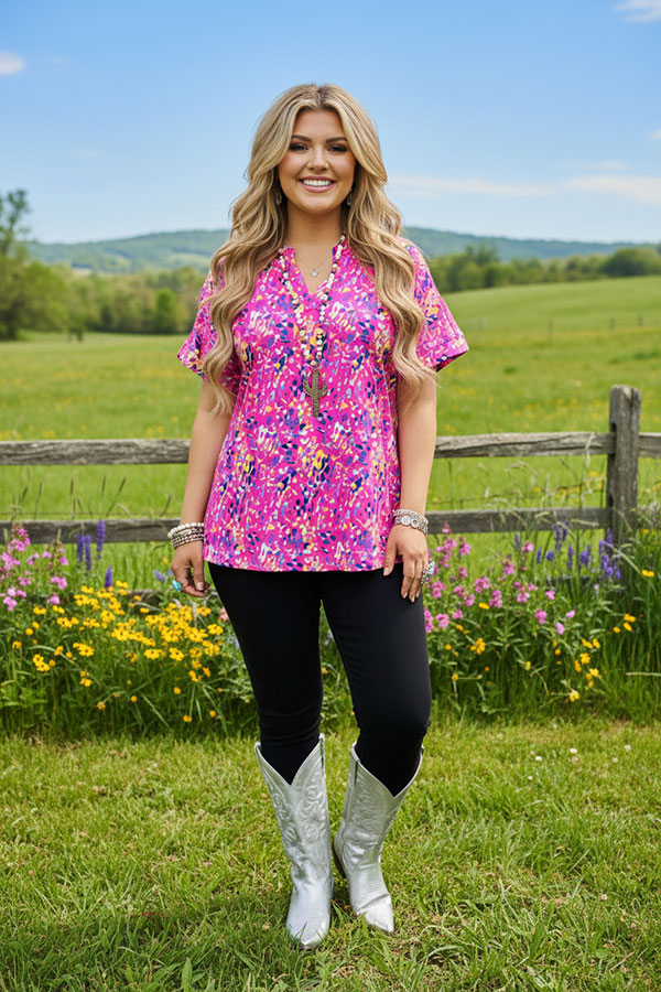 Floral printed short sleeve V-neckline women tops w/side slits GJQ15843