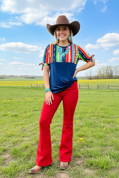 Western plus size women clothing Navy blue top w/multi color serape print GJQ10890
