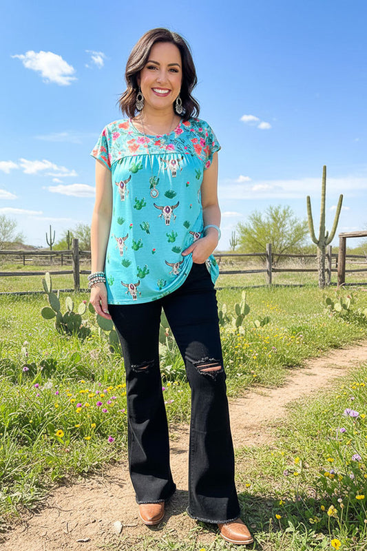 Floral & Bull & Cactus prints short sleeve women top XCH13661S
