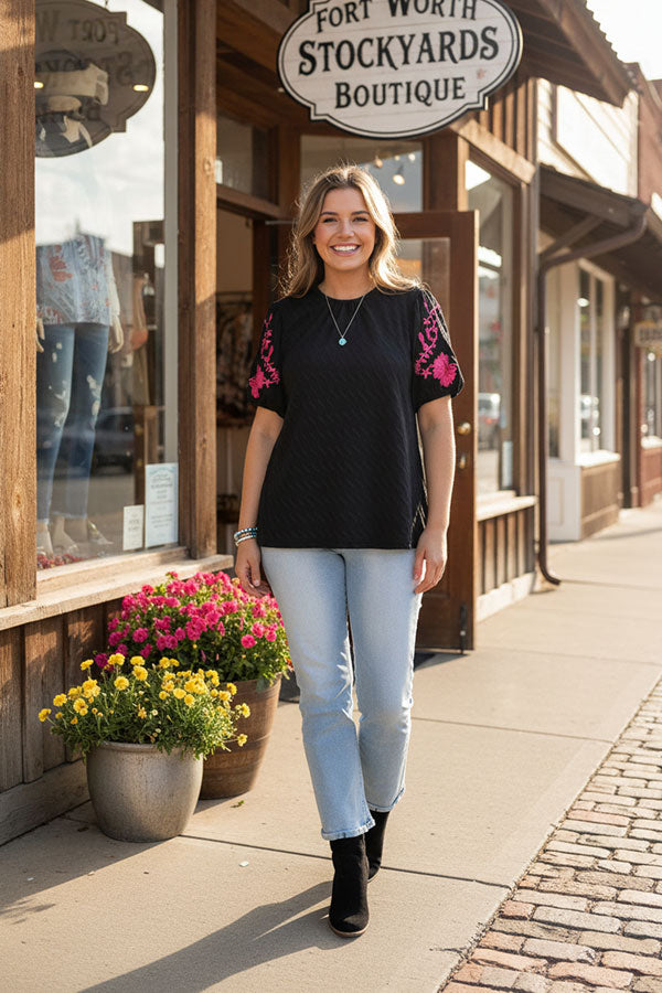 Pink floral embroidery puff short sleeve black women blouse XCH16809