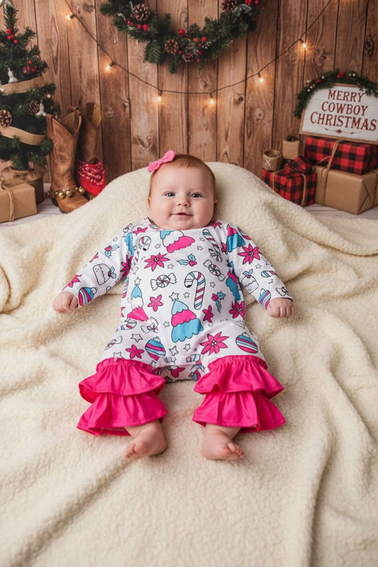 Christmas printed pink ruffle infant baby romper XCH05030