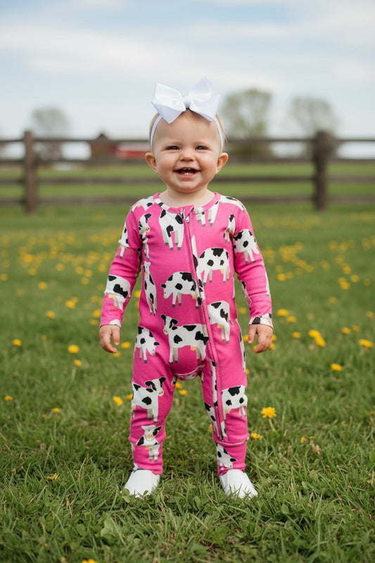 Baby clothes wholesale pink cow printed long sleeve infant romper XCH05010