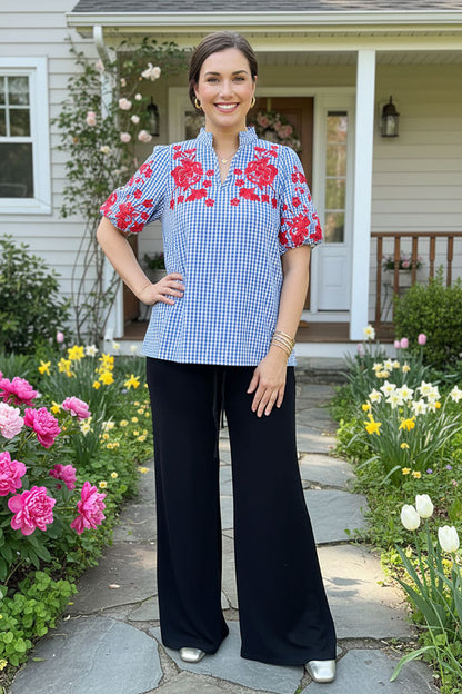 Red floral embroidery blue checkered Southern Stitch Suppliers XCH16782