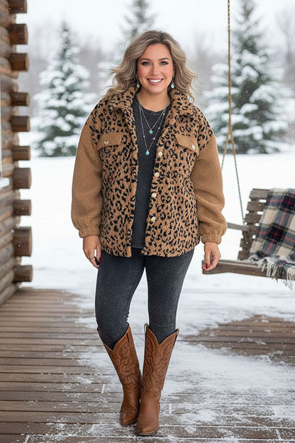 Plus size sherpa leopard & brown long sleeve women jacket w/pockets BQ15975
