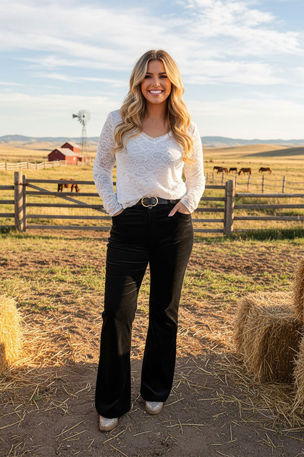 Western black corduroy straight design flare legs women's boutique pant BQ15438